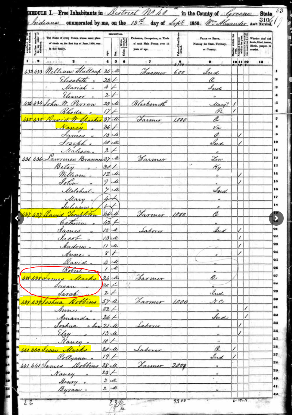 Family Marks James 1850 Census